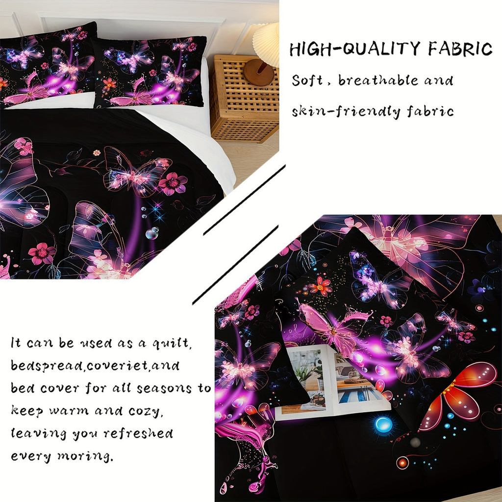 Butterfly Comforter Set Black And Gold Bedding Floral Comforter 3 Piece Set (1 Bed Comforter + 2 Pillow Cases), Comforter For All Seasons, Soft, Comfortable And Breathable Printed Bedding For Home Dormitory Decoration