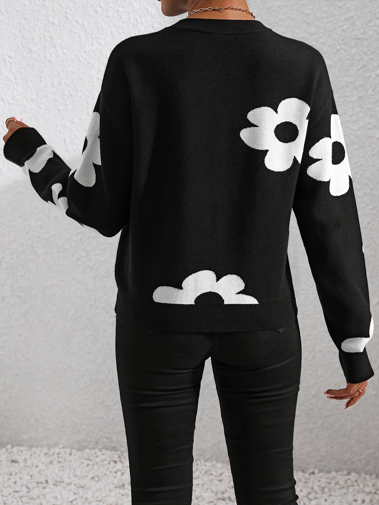 Floral Pattern Crew Neck Sweater, Casual Long Sleeve Sweater For Fall & Winter, Women's Clothing