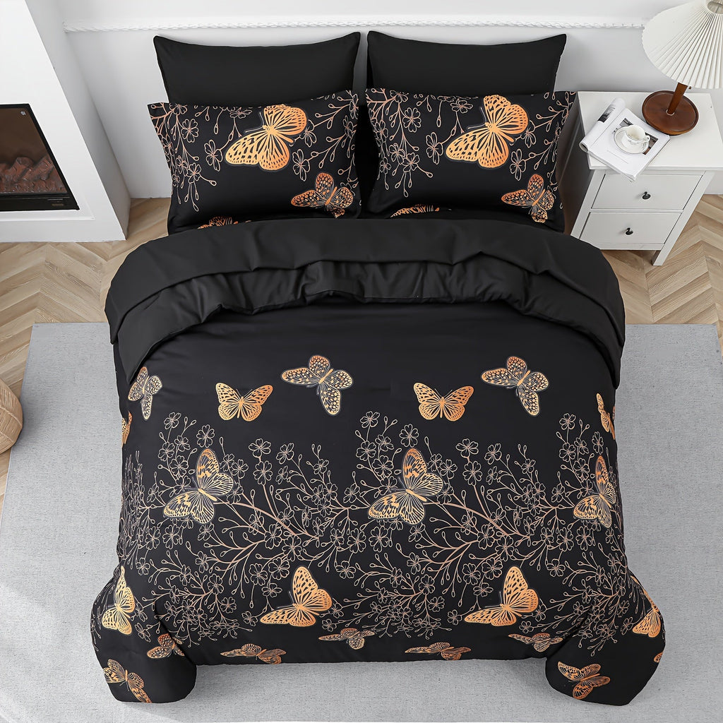 7Pcs Erosebridal Golden Butterfly Print Comforter Set - Stain Resistant, Ultra Soft Microfiber, Lightweight, Woven Bedding With 100% Polyester Fiber Fill - Queen/King Size Bed In A Bag For All Seasons