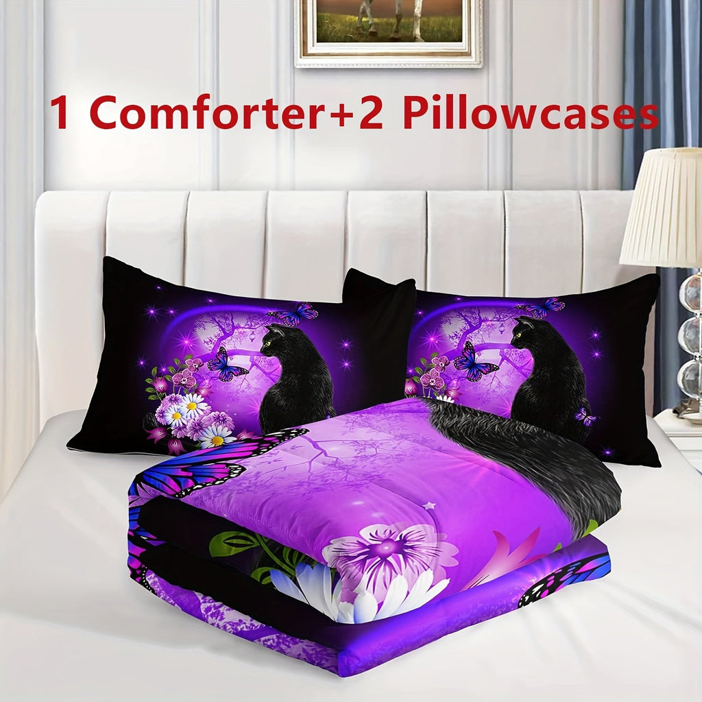 3pcs Purple Cartoon Cat Print Comforter Set, Daisy Butterflies Printed Soft Comfortable Comfortable Bedding Set, For Bedroom Guest Room Dorm (1*Comforter + 2*Pillowcase, Without Core)