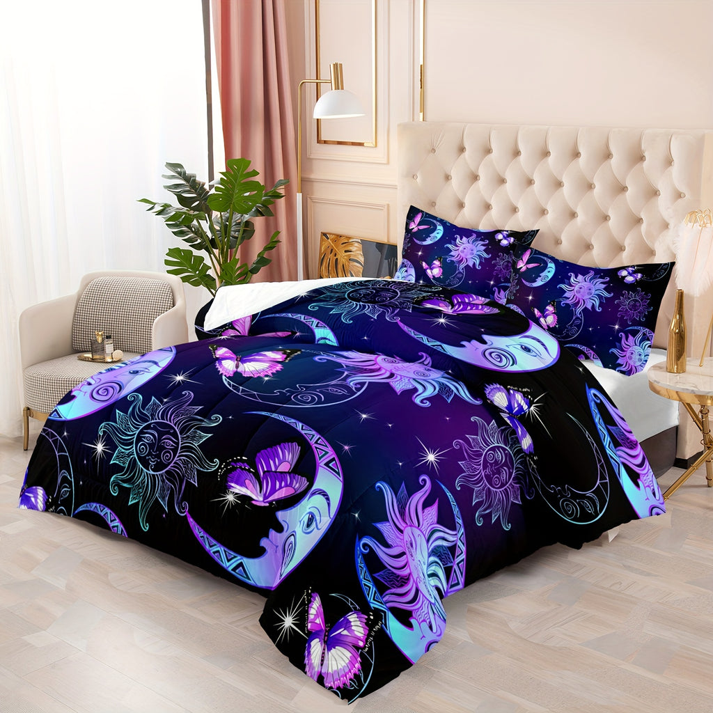 Sun and Moon Comforter Set, Butterfly and Star Bedding Set, 3D Printed Bohemian Gothic Duvet with 2 Pillowcases