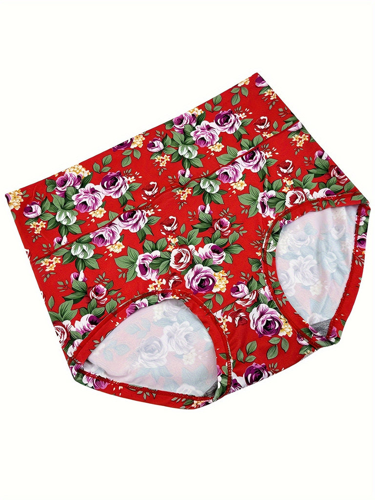 4pcs Seamless High Waist Tummy Control Briefs, Sexy Comfy Breathable Floral Print Stretchy Intimates Panties for Women