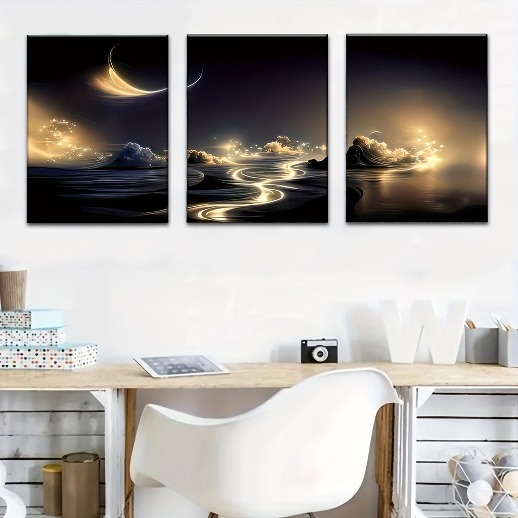 3 Framed Canvas Paintings And Posters, Ready to Hang, Modern Style Landscape Painting, Golden River And Starry Sky, Home Decoration, Wall Art, Room Decoration, High-Definition Print, Ideal Gift, Living Room, Bedroom, Dining Room, Office Decoration