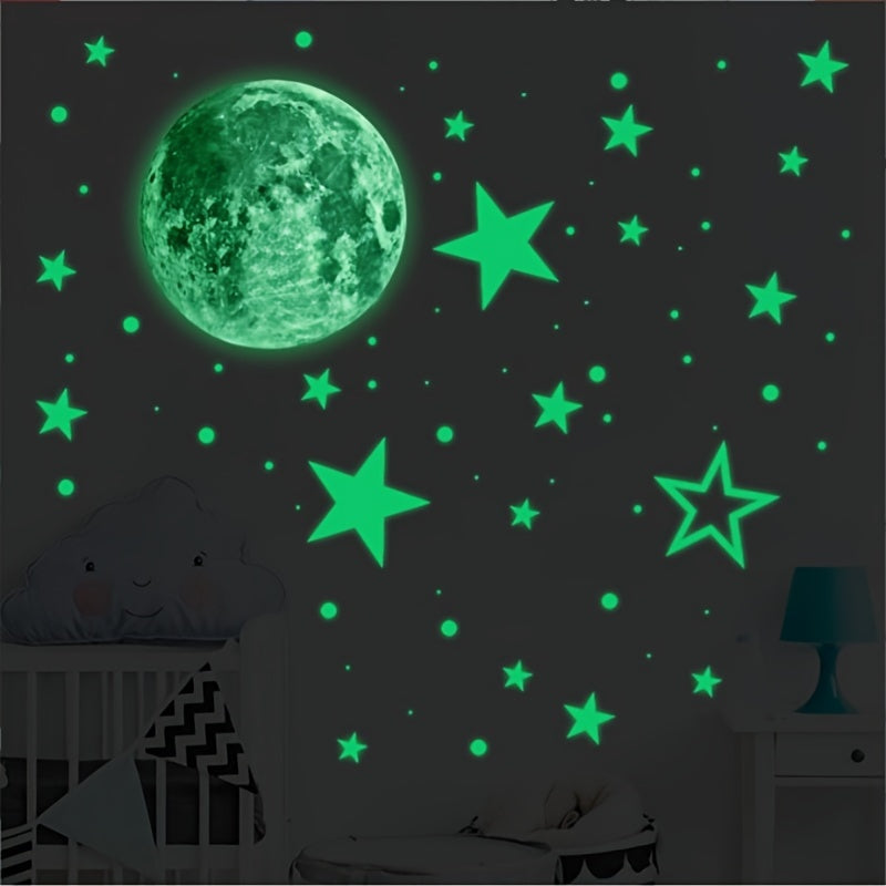 5pcs Glow-in-the-Dark Wall Decals - Luminous Moon, Stars & Dots Stickers for Bedroom and Living Room Ceiling Decor, Fluorescent Green, Self-Adhesive