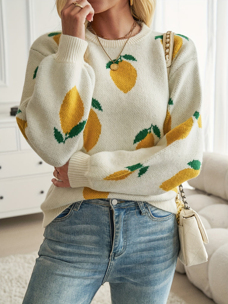 Cute Fruit Pattern Long Sleeve Crew Neck Sweater for Women, Fall & Winter Cozy Knitwear