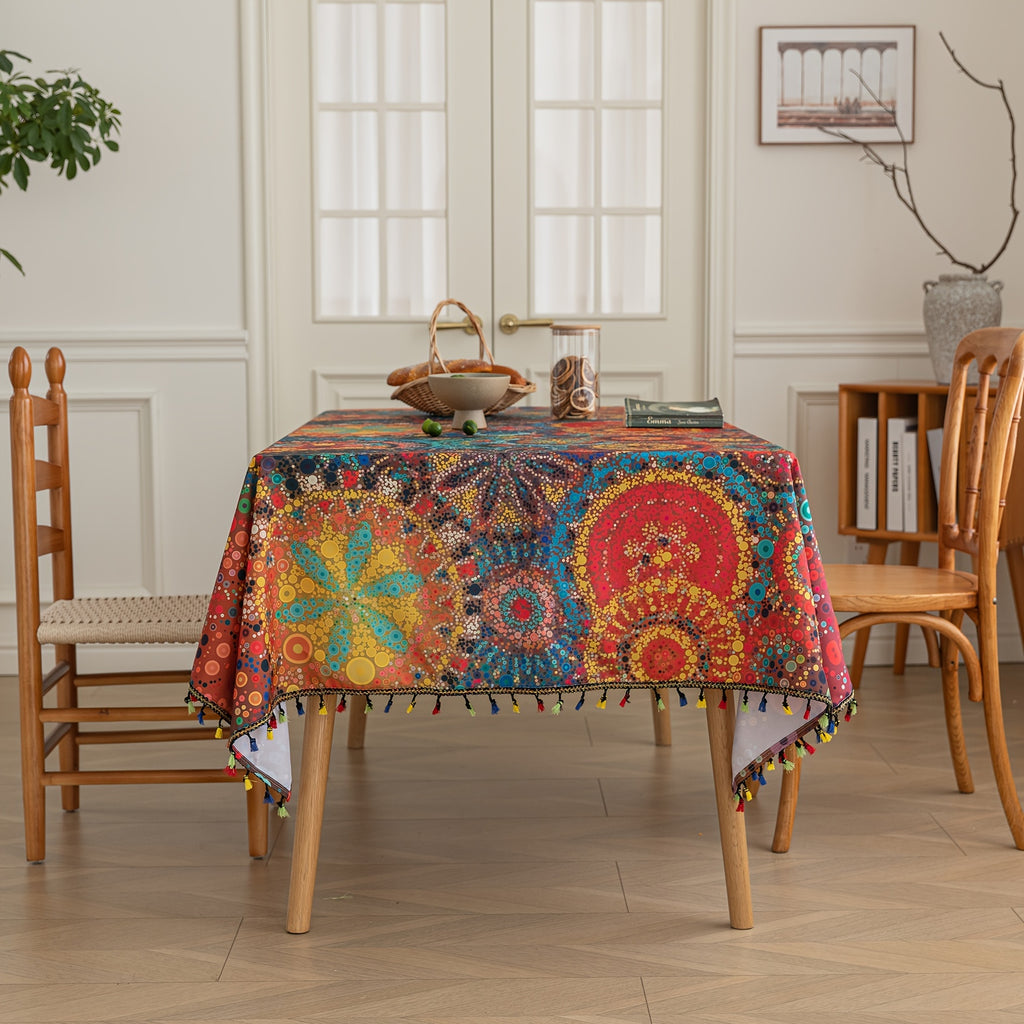 Vibrant Red Polka Dot Bohemian Linen Tablecloth with Tassels - Stunning Geometric Digital Print, Washable, Durable, and Easy Care for Festive Gatherings, Everyday Meals, and Outdoor Parties - Handcrafted with Love for a Unique Touch