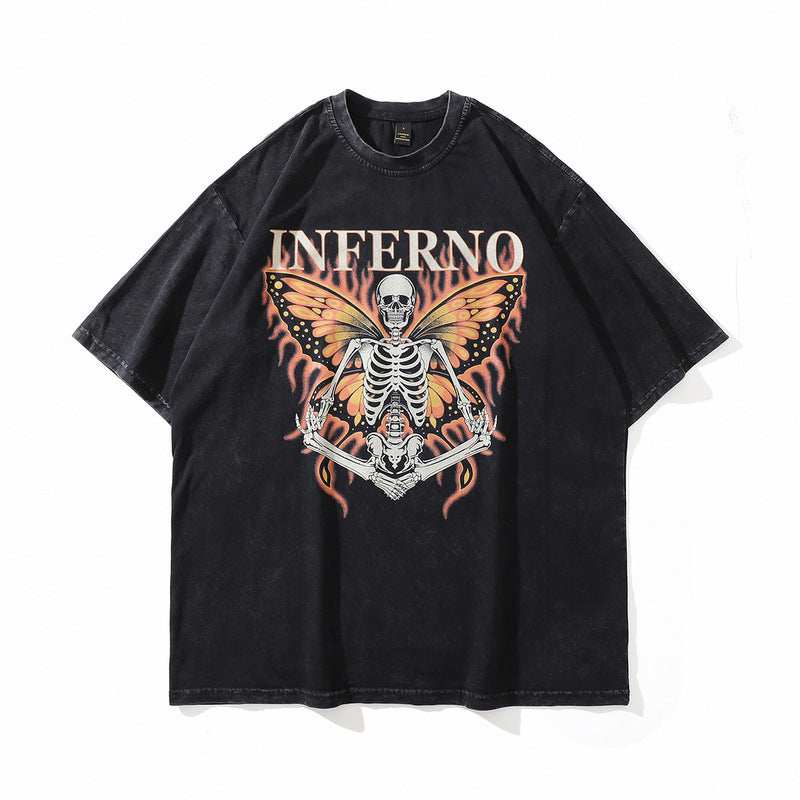 TKPA American Style Hip Hop Retro Washed And Worn Angel Print Short Sleeve