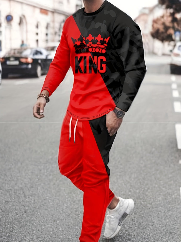 KING Pattern Men's 2Pcs Outfits, Casual Crew Neck Long Sleeve T-shirt And Drawstring Sweatpants Joggers Set For Summer, Men's Clothing