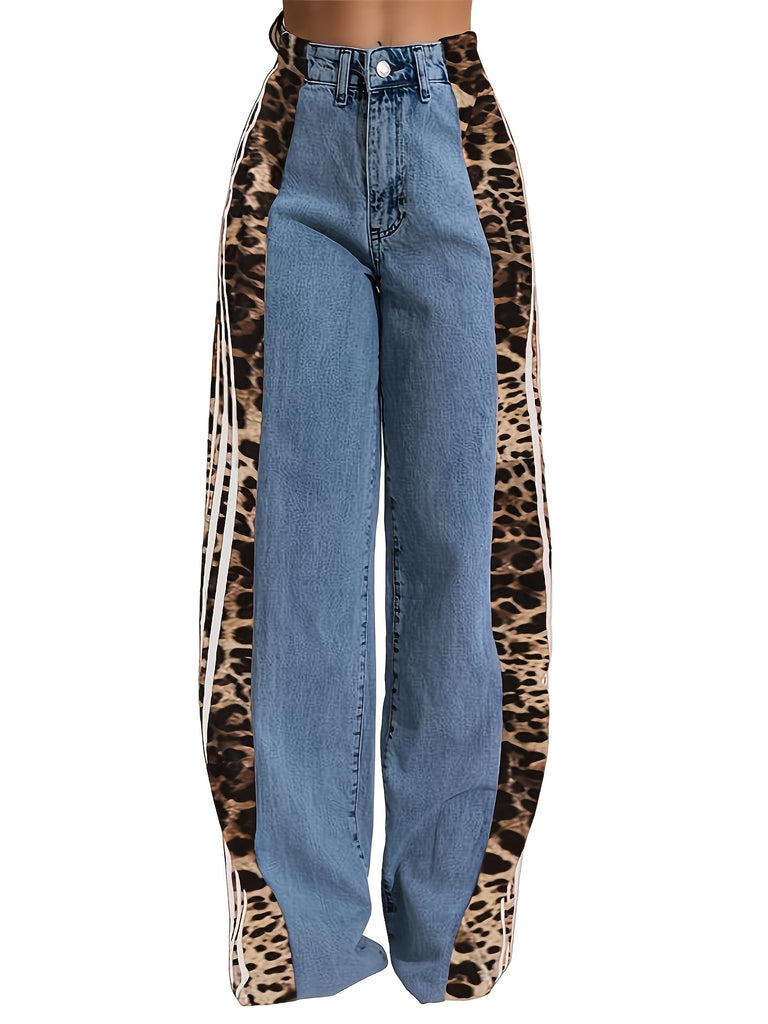 Women's High-Waisted Denim Wide-Leg Pants with Leopard Print And Stripe Side Panels