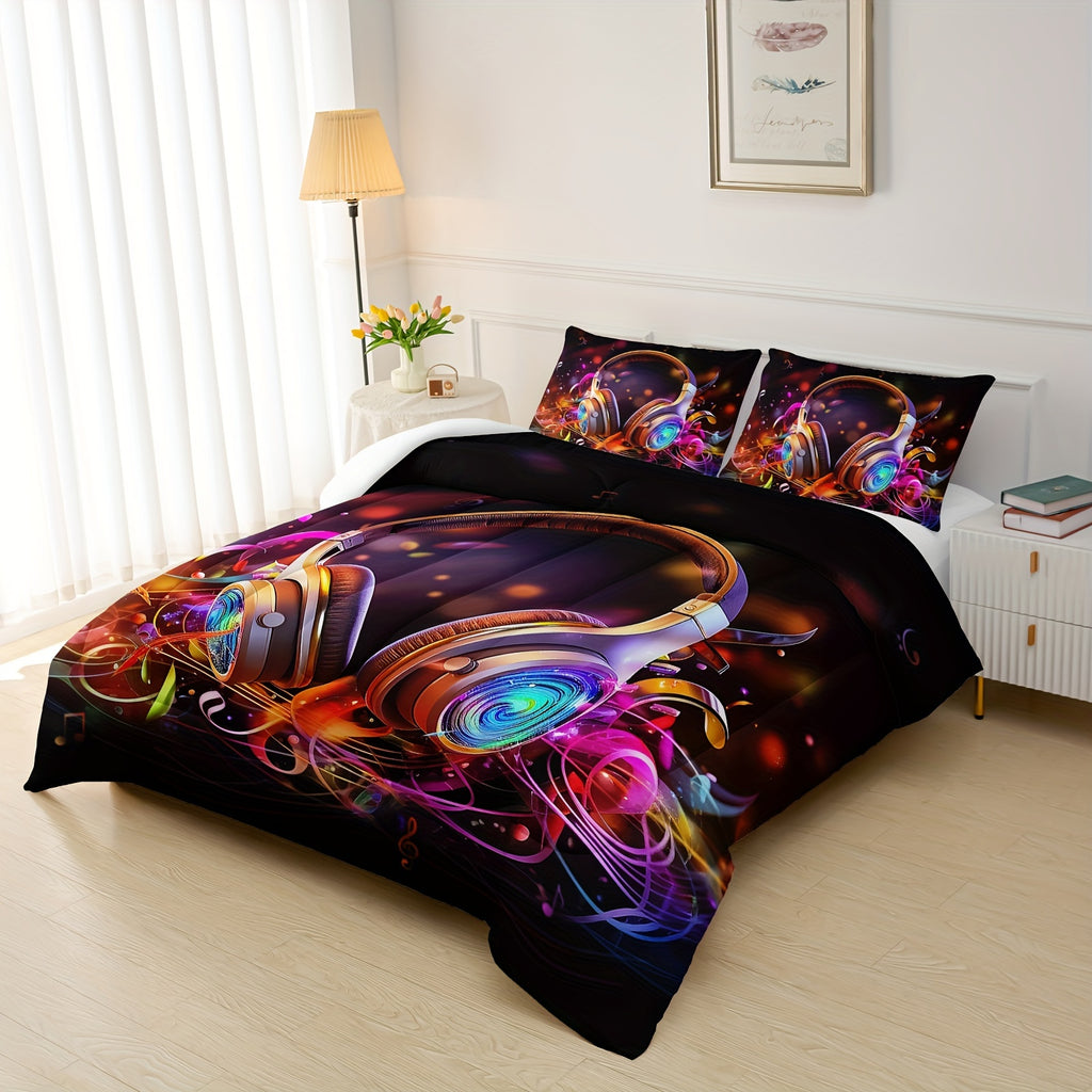 Music Headphones Bedding Set, Comforter With Colorful Rainbow Quilt Design, 3 Piece Music Comforter Set