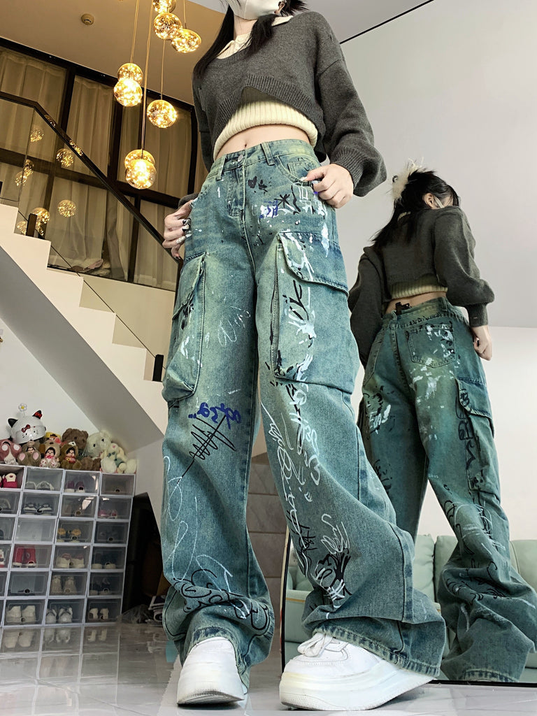 Women's Casual Geometric Graffiti Pattern Wide-Leg Denim Jeans, Cotton Blend, Slight Stretch, All-Season Washed Vintage Streetwear, Straight Fit Button Fly Long Pants