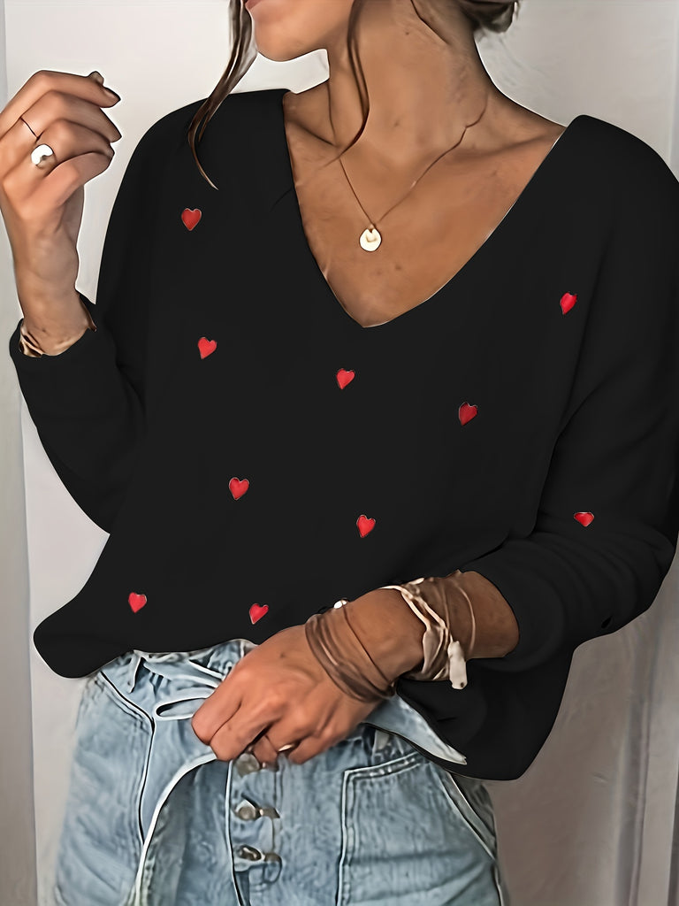 Valentine's Day Heart Print Sweater, Casual V Neck Long Sleeve Sweater For Fall & Winter, Women's Clothing