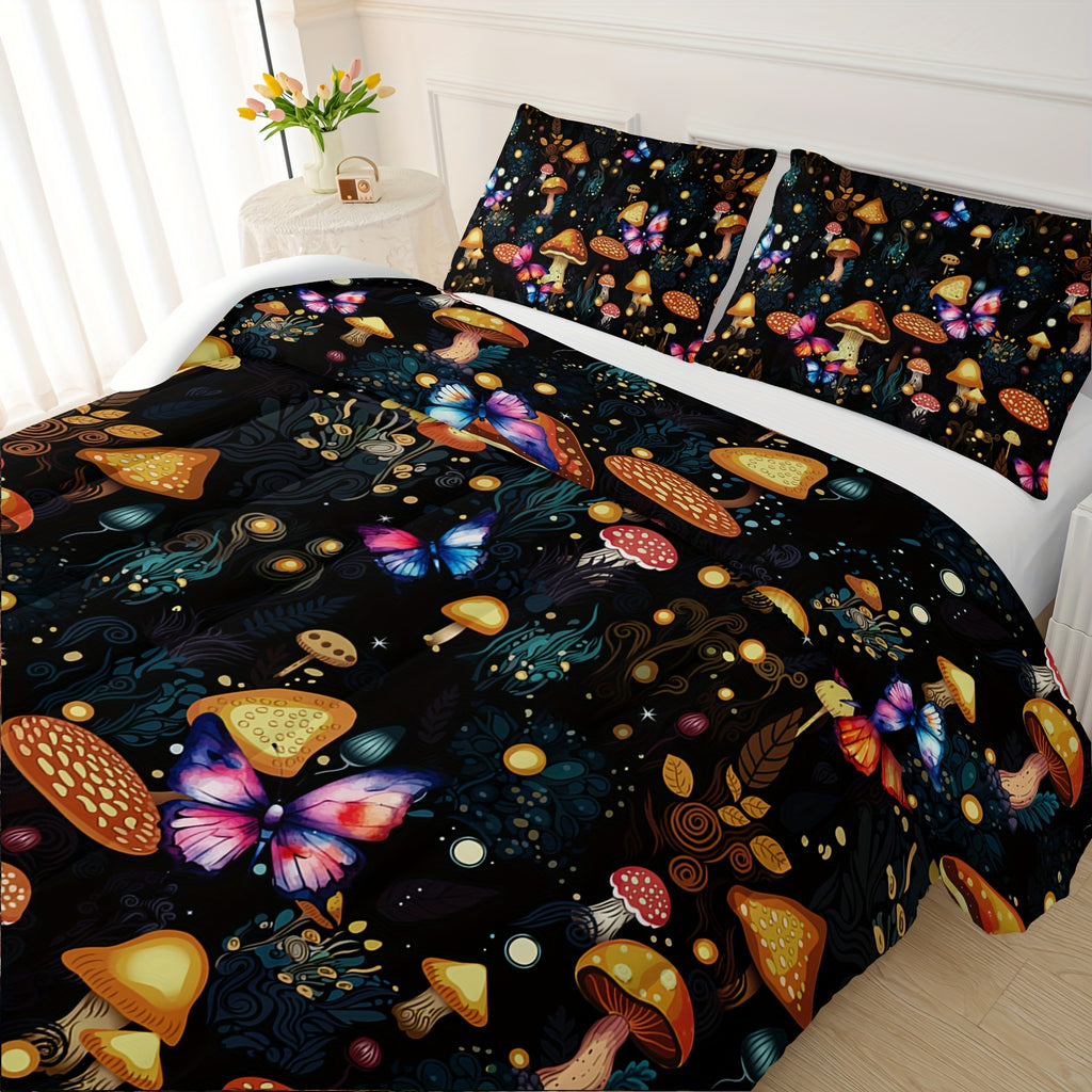 Mushroom Comforter Sets Natural Wild Fungus Bedding Sets Botanical Plants Duvet Set With 3D Printed Bedding 1 Comforter With 2 Pillowcases