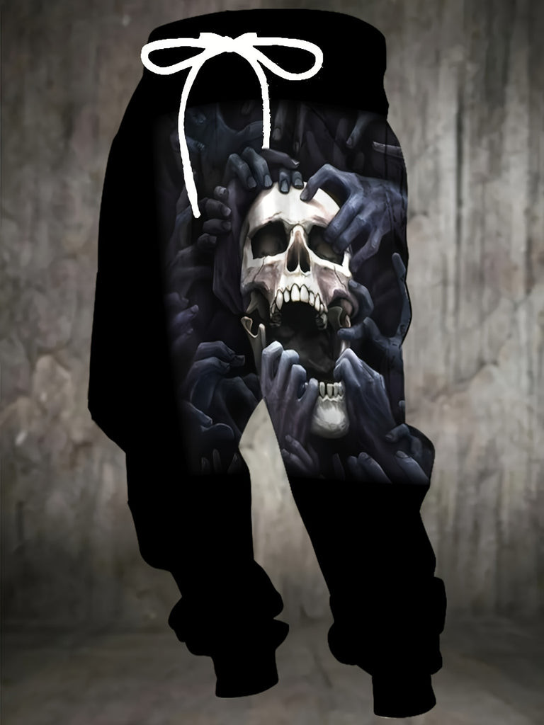 Men's Halloween Themed Skull & Hands Print Jogger Pants With Drawstring, Casual Sports Trousers As Gift