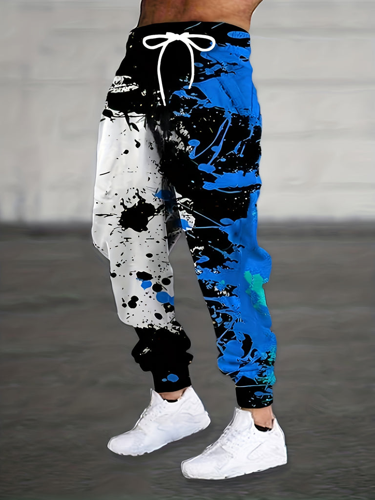 Men's Color Blocking Ink Splashing Print Jogger Pants with Drawstrings, Casual Sports Trousers As Gift