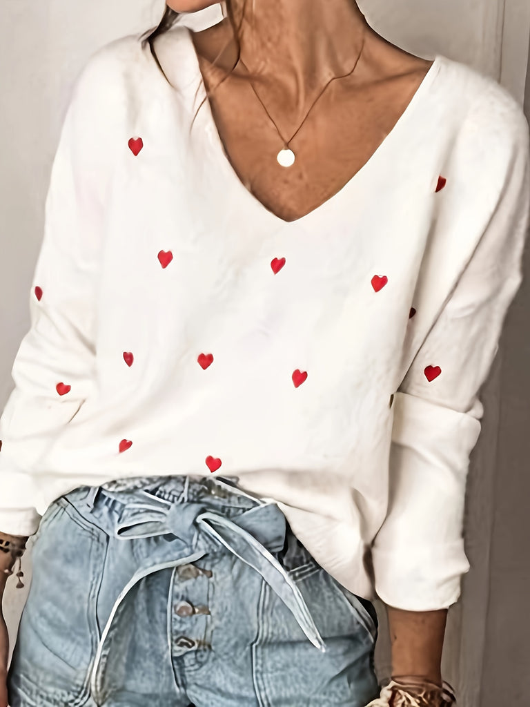 Valentine's Day Heart Print Sweater, Casual V Neck Long Sleeve Sweater For Fall & Winter, Women's Clothing