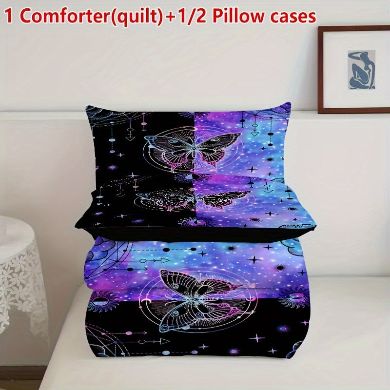 Bohemian Butterfly & Galaxy Comforter Set - 2/3 Piece Set with Quilt and Pillowcases, Stain Resistant Microfiber Cover, Machine Washable, Woven Polyester Fiber Filling, Digital Print Fantasy Starry Sky Design for Bedroom Decor