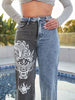 Women's Casual Dragon Print Straight-Leg Jeans - High Waist, Non-Stretch Denim, Machine Washable, Jeans