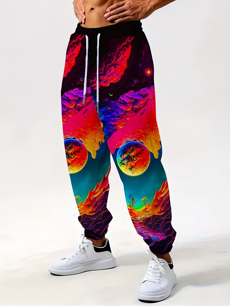 Men's Plus Size 3D Futuristic Environment Print Sports Joggers - Drawstring Trousers With Pockets For Outdoor Activities - For Men - Suitable for Sports & Casual Wear - Perfect Gift for Active Guys