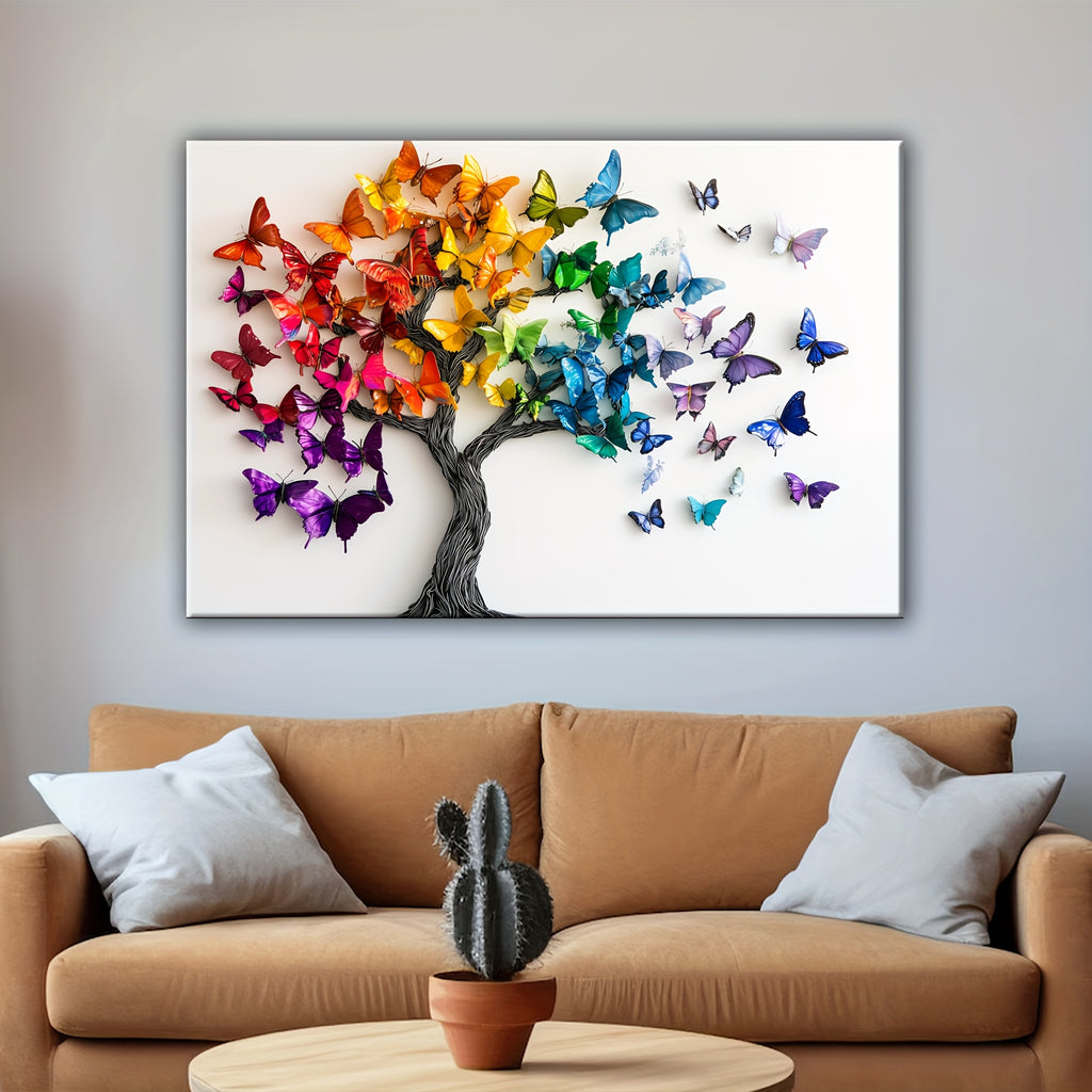 1pc Wooden Framed Canvas Painting Vibrant Butterfly Leaves Tree Artwork for Office Home and Living Room Decoration