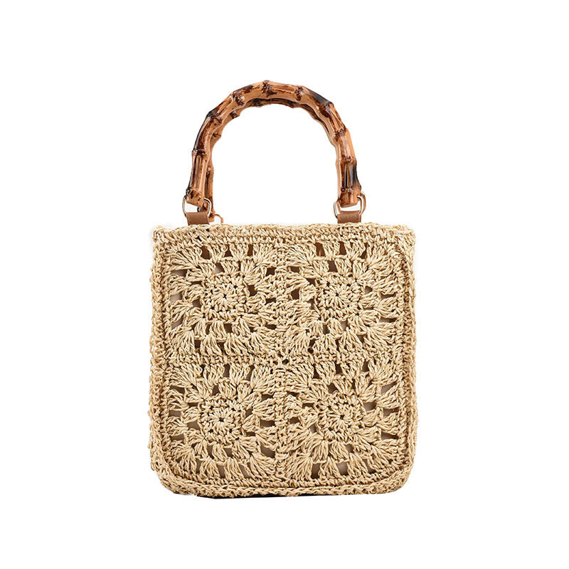 Summer Square Hollow Out Straw Bag Handmade Woven Bamboo Handle Large Capacity