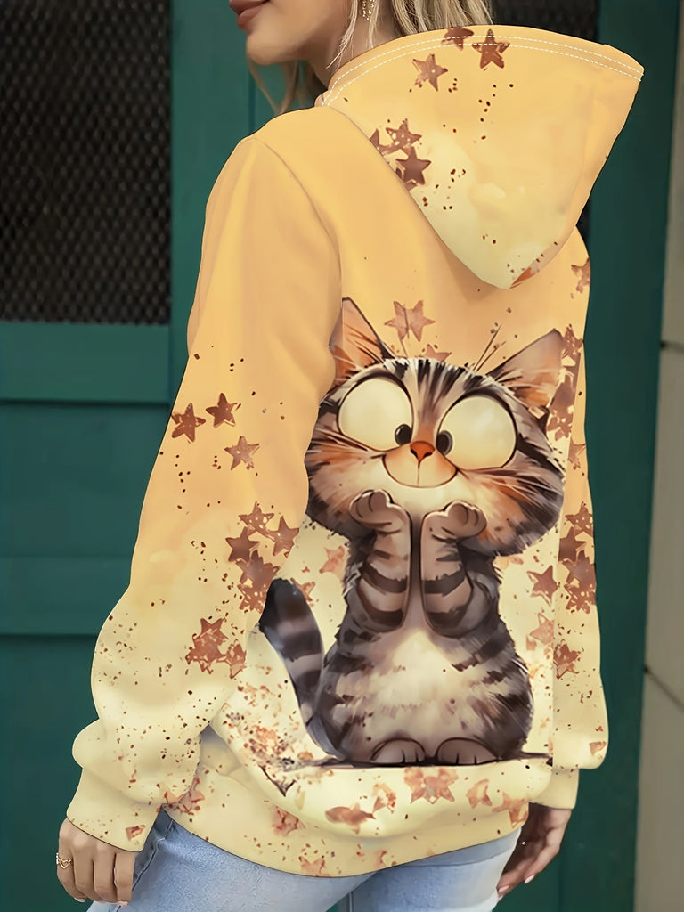 Chic Cat Print Hoodie for Women - Casual Long Sleeve Pullover, Machine Washable, Polyester Blend