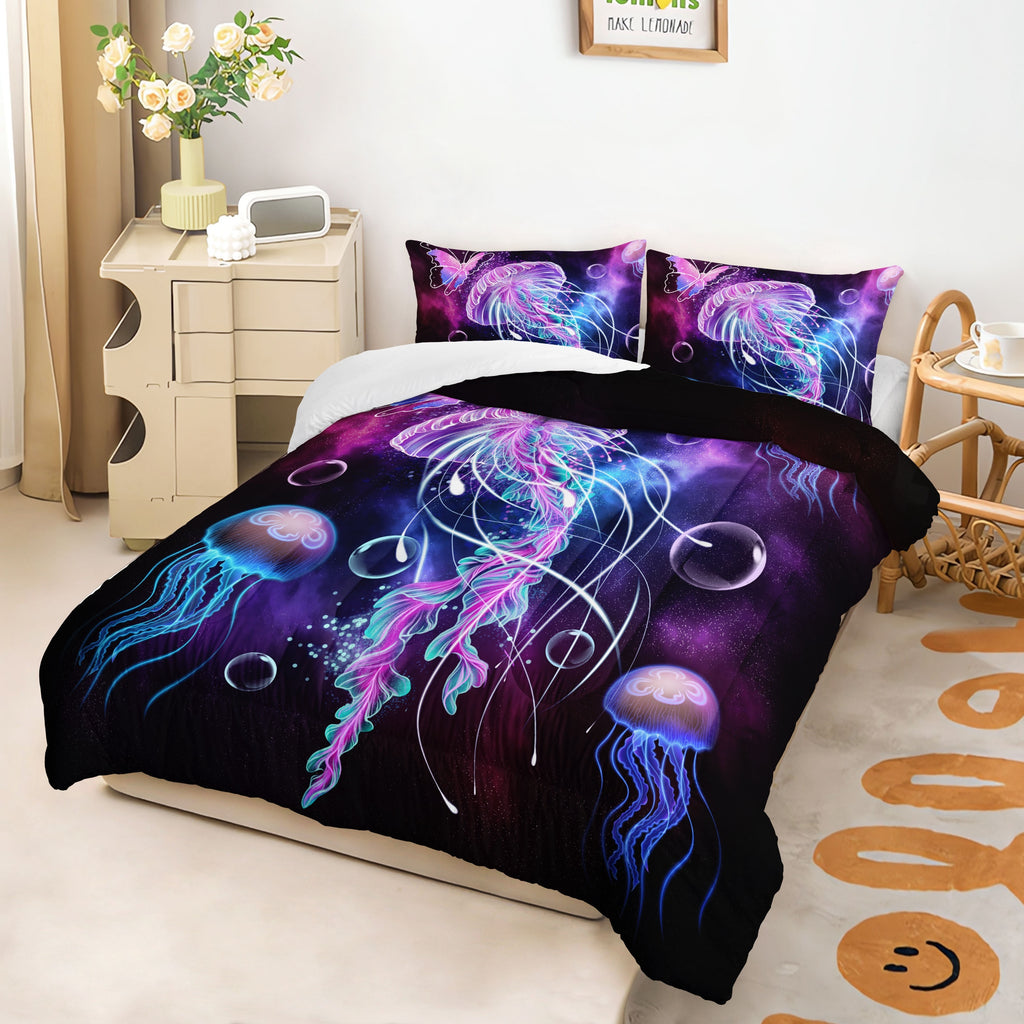 3Pcs Modern Fashion Polyester Comforter Set (1 * Comforter + 2 * Pillowcases, Not Including Pillow Core), Ocean Theme Universe Starry Sky Jellyfish Print Bedding Set, Soft And Comfortable Skin-friendly Comforter For Bedroom, Guest Room.