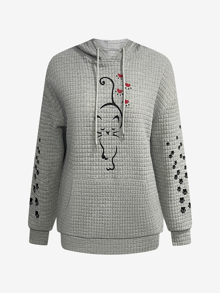 Plus Size Casual Sweatshirt, Women's Plus Cat & Paw Print Waffle Pattern Long Sleeve Drawstring Hoodie With Pockets