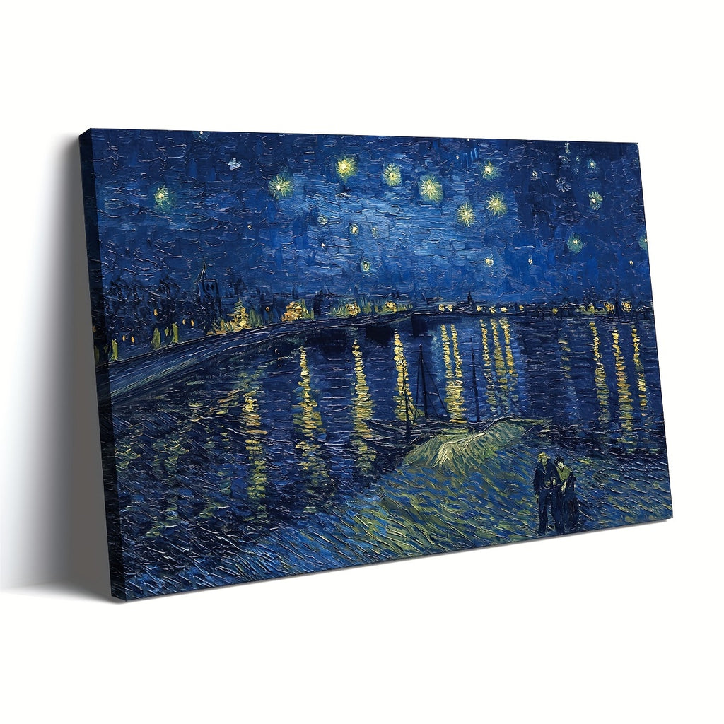 1pc Wooden Framed Extra Large Canvas Wall Art, Starry Night Over The Rhone By Vincent Van Gogh Painting On Canvas, Classic Canvas Wall Art For Home Decor, Museum Exhibition Art, Wrapped Canvas, Ready To Hang