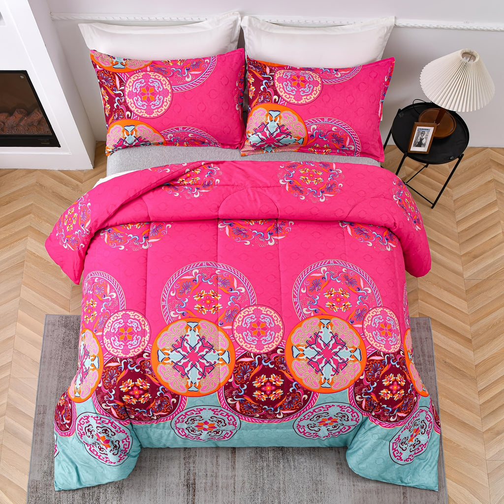 3pcs Pink Bohemian Pattern Comforter Set, Floral Style Bedding Ultra Soft 100 Microfiber Polyester with Quilt Set Bed In A Bag ( 1 Quilt 2 Pillowcases), As Thanksgiving, Chrismas Gift