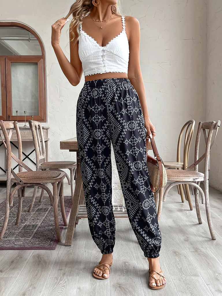 Tribal Print Fitted Bottom Joggers, Casual High Waist Pants For Spring & Summer, Women's Clothing