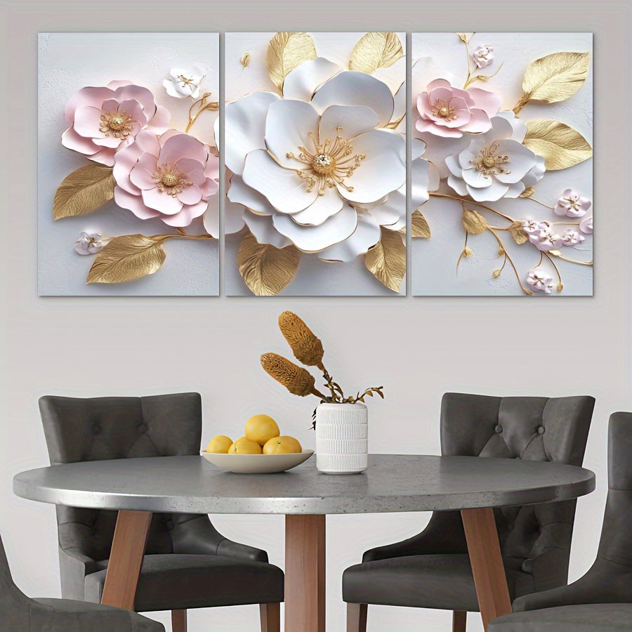 Abstract Wall Art 3D Flower Home Canvas Painting Contemporary Simple Abstract Artwork for Bedroom Bathroom Living Room Wall Decor (3 Pieces Framed)