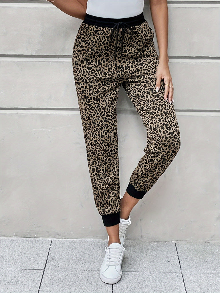 Slant Pockets Fitted Bottom Joggers, Casual Leopard Print Drawstring Sporty Pants For Every Day, Women's Clothing