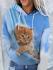 Cute Cat Print Drawstring Hoodie, Casual Long Sleeve Drop Shoulder Hoodie, Women's Clothing