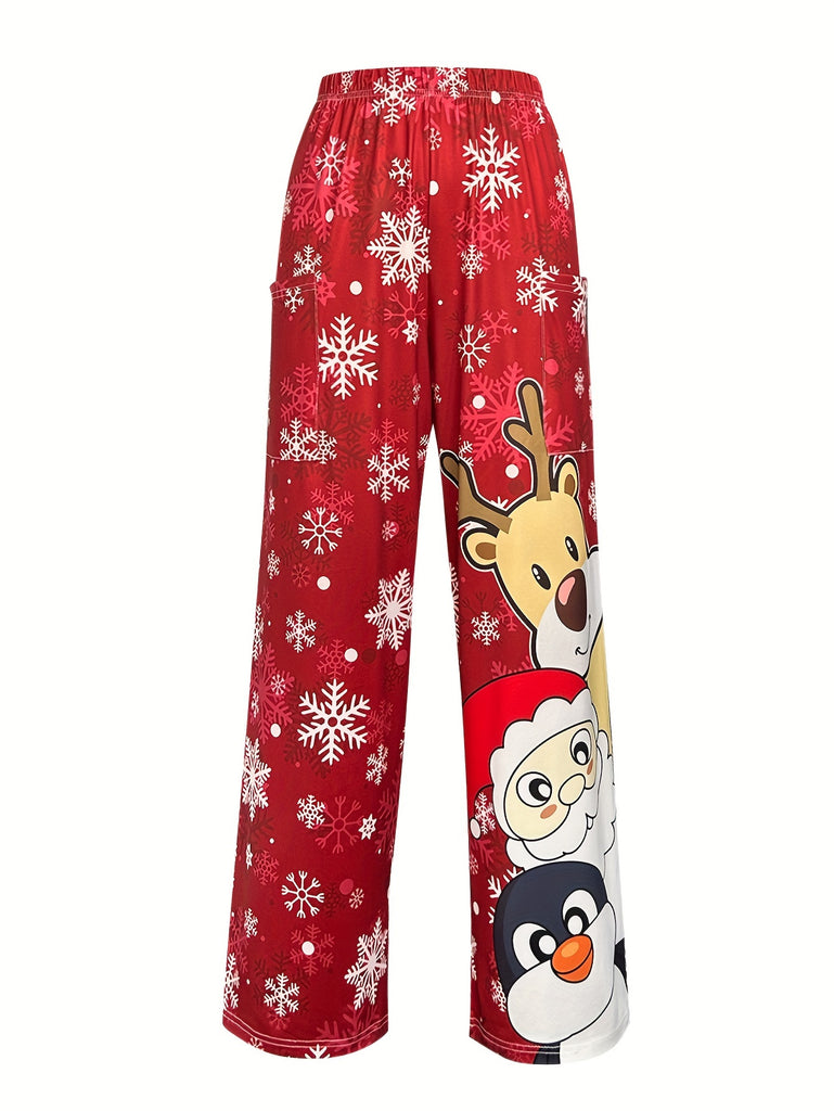 Cute Christmas Print Elastic Waist Pants, Casual Pants With Pocket For Fall & Winter, Women's Clothing