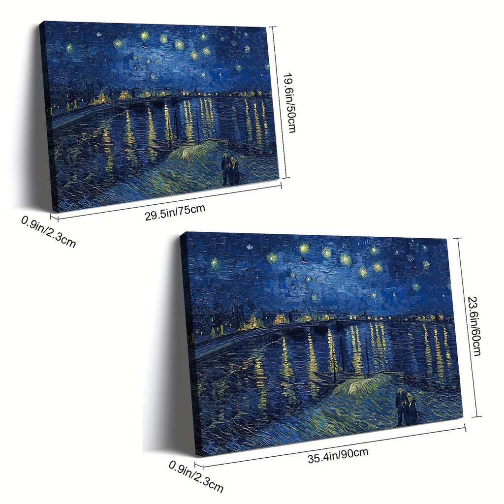 1pc Wooden Framed Extra Large Canvas Wall Art, Starry Night Over The Rhone By Vincent Van Gogh Painting On Canvas, Classic Canvas Wall Art For Home Decor, Museum Exhibition Art, Wrapped Canvas, Ready To Hang