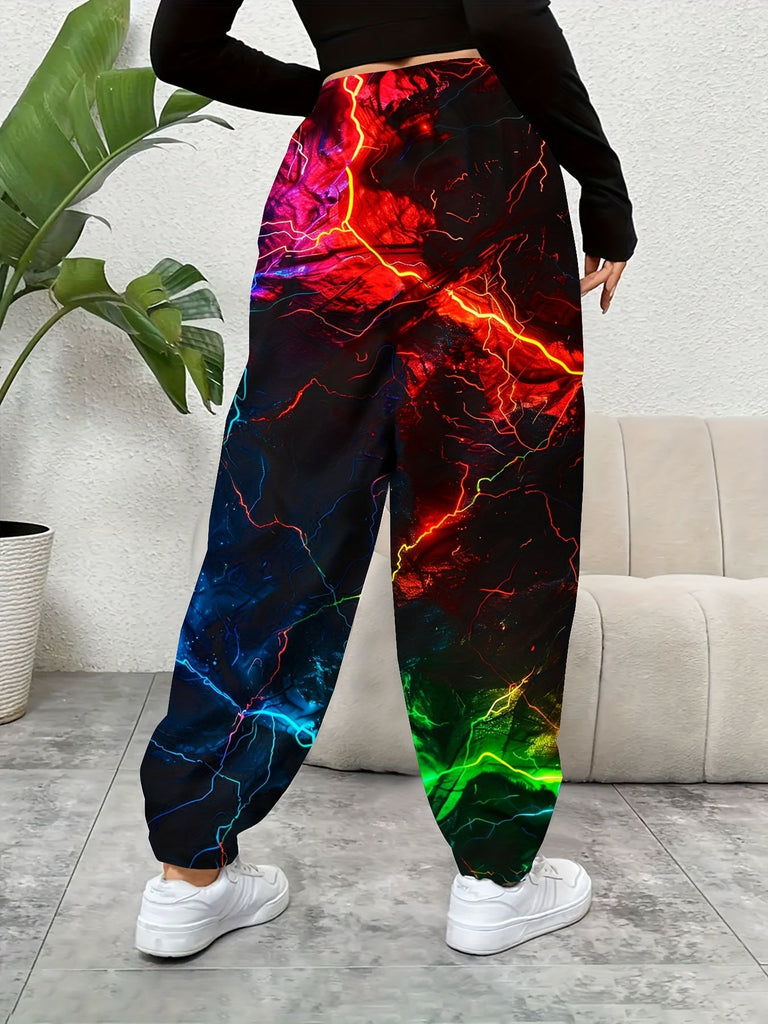 Lightning Print Elastic Waist Sporty Pants, Casual Baggy Drawstring With Pockets Pants For Every Day, Women's Clothing