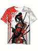 Stylish Samurai Print Short Sleeve T-shirt, Men's Trendy Crew Neck Top For Summer Sport & Casual Wear