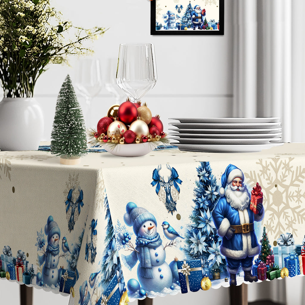 Christmas Cheer Tablecloth - Santa, Snowman & Pine Tree Design | Durable Polyester with Embossed Edge | Perfect for Dining, Balcony & Coffee Tables | Indoor/Outdoor Holiday Decor