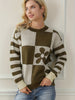 Check & Flower Pattern Crew Neck Sweater, Casual Long Sleeve Drop Shoulder Sweater For Fall & Winter, Women's Clothing