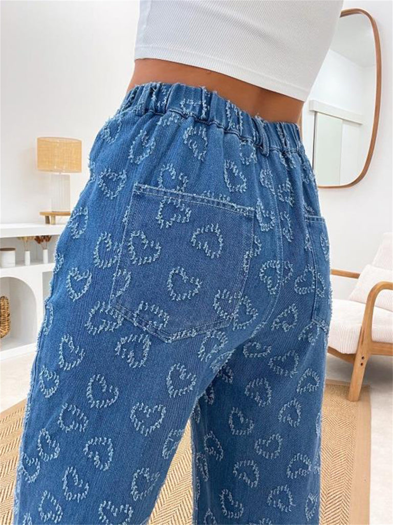 Women High Rise Jeans Fashion Casual Heart Pattern Straight Leg Denim Pants with Pockets