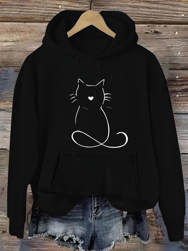 Cat Print Kangaroo Pocket Hoodie, Casual Drawstring Hooded Sweatshirt For Fall & Spring, Women's Clothing