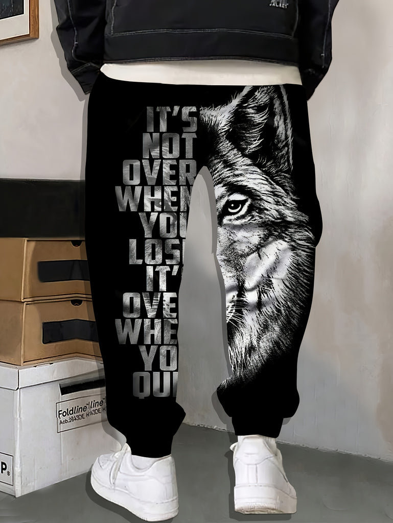 Men's 3D Wolf Print Joggers - Casual, Stretchy Polyester Sweatpants for Outdoor & Fitness Activities