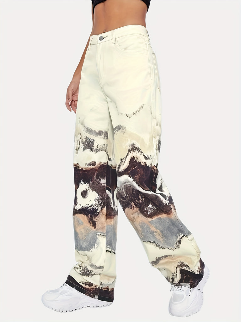 Mountain & Cloud Landscape Print Denim Pants, Wide Legs Straight Legs Loose Fit High Waist Boyfriends Jeans, Women's Denim Jeans & Clothing