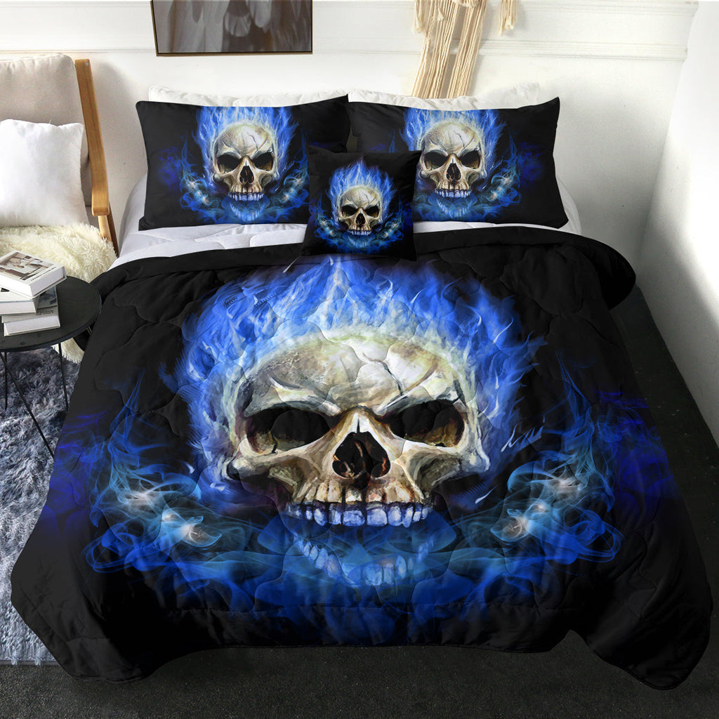 4pcs Blue Flame Skull Comforter Set, Halloween Theme Quilted Bedding, Stain Resistant Lightweight Fluffy Duvet Cover with 2 Pillow Shams, Machine Washable, Polyester, with Digital Print for All Seasons