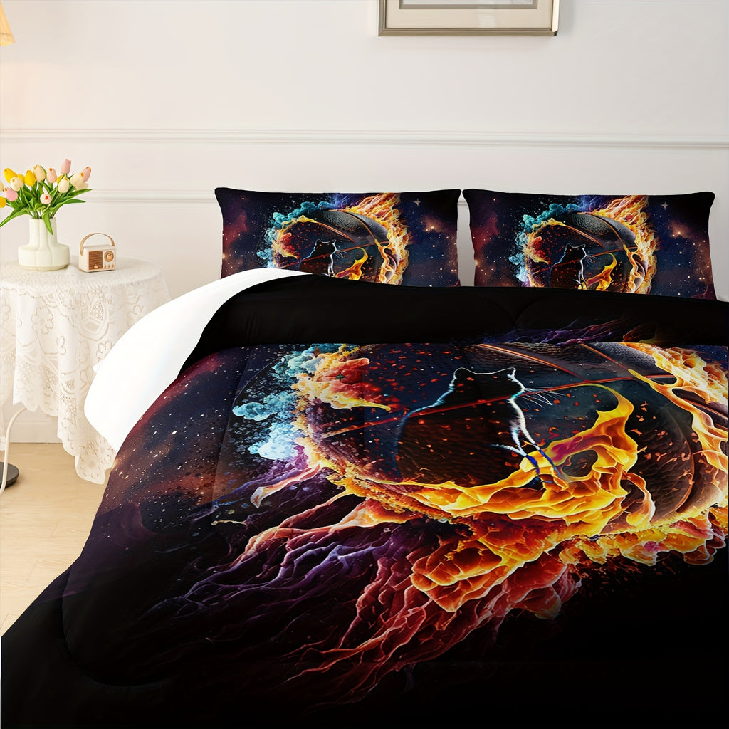 Sports Bedding Comforter Set, Cat And Basketball Design, Comforter Set With Pillowcases