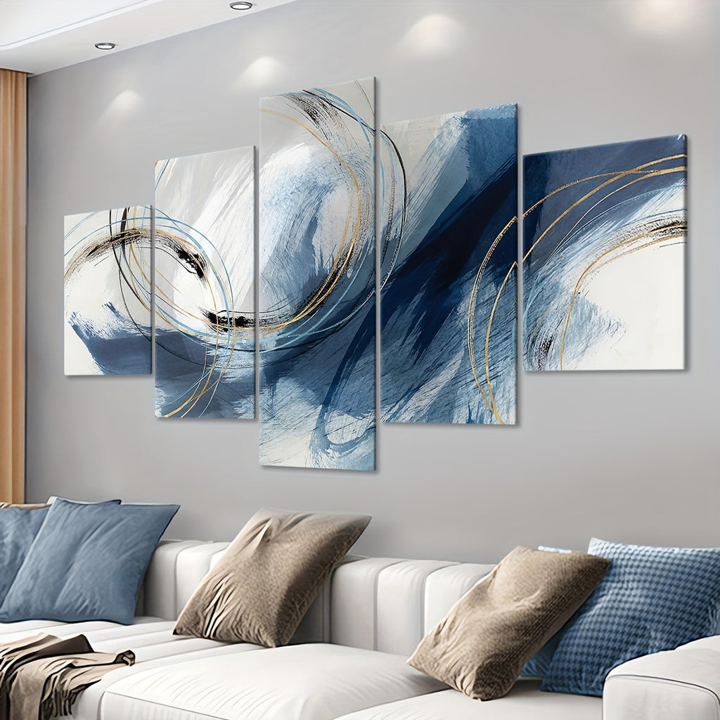 5pcs/Set Modern Wooden Framed Canvas Poster, Blue Lines Art Print, Ideal Winter Decor for Bedroom, Living Room, Corridor, Wall Art, Wall Decoration