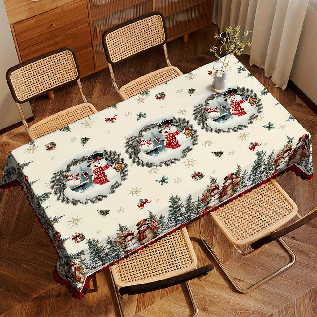 Christmas Snowman Tablecloth with Pine Tree Design - Durable Polyester Holiday Table Decor for Home, Parties - Universal Fit, Machine Made, Perfect for Christmas, Winter, New Year Celebrations - Pack of 1