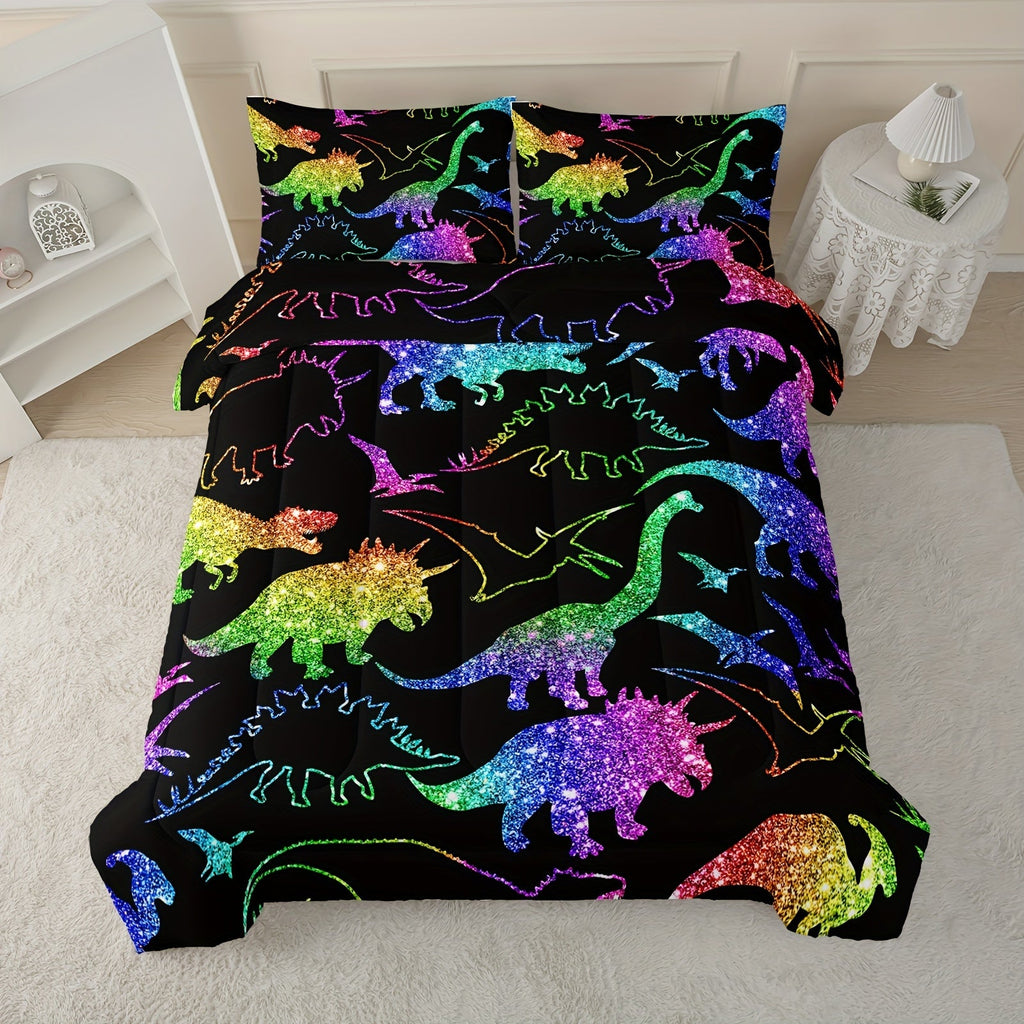 Rainbow Dinosaur Comforter Set For Colorful Dino Bedding Cartoon Dinosaur With Shiny Glitter Bedding Set Bedroom Decor 1 Comforterr + 2 Pillowcases Lightweights