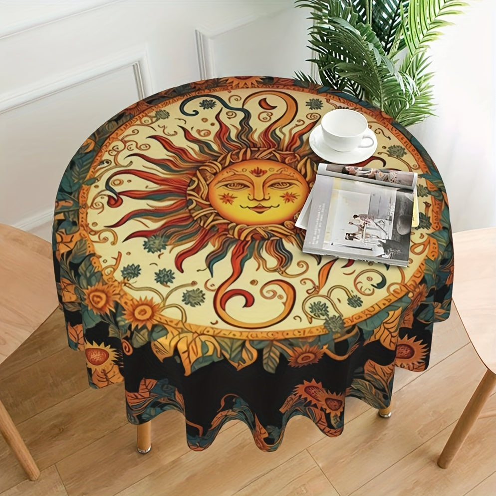 Vibrant 3D Mandala Sunflower Round Tablecloth - Easy-Care Polyester, Perfect for Home & Dining Decor